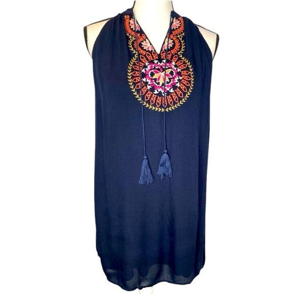 THML Boonie Embroidered Dress Sleeveless Sundress Tassels Lined Boho Sz Medium - Picture 2 of 5